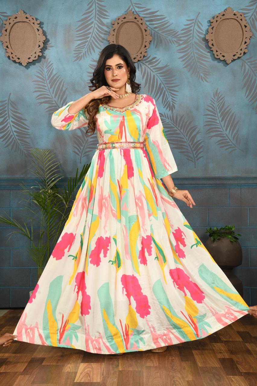 Women Multi Colour Indo Western Gown/One Piece- W5 Indian Fabrics Women Multi Colour Indo Western Gown/One Piece- W5 Indian Fabrics
