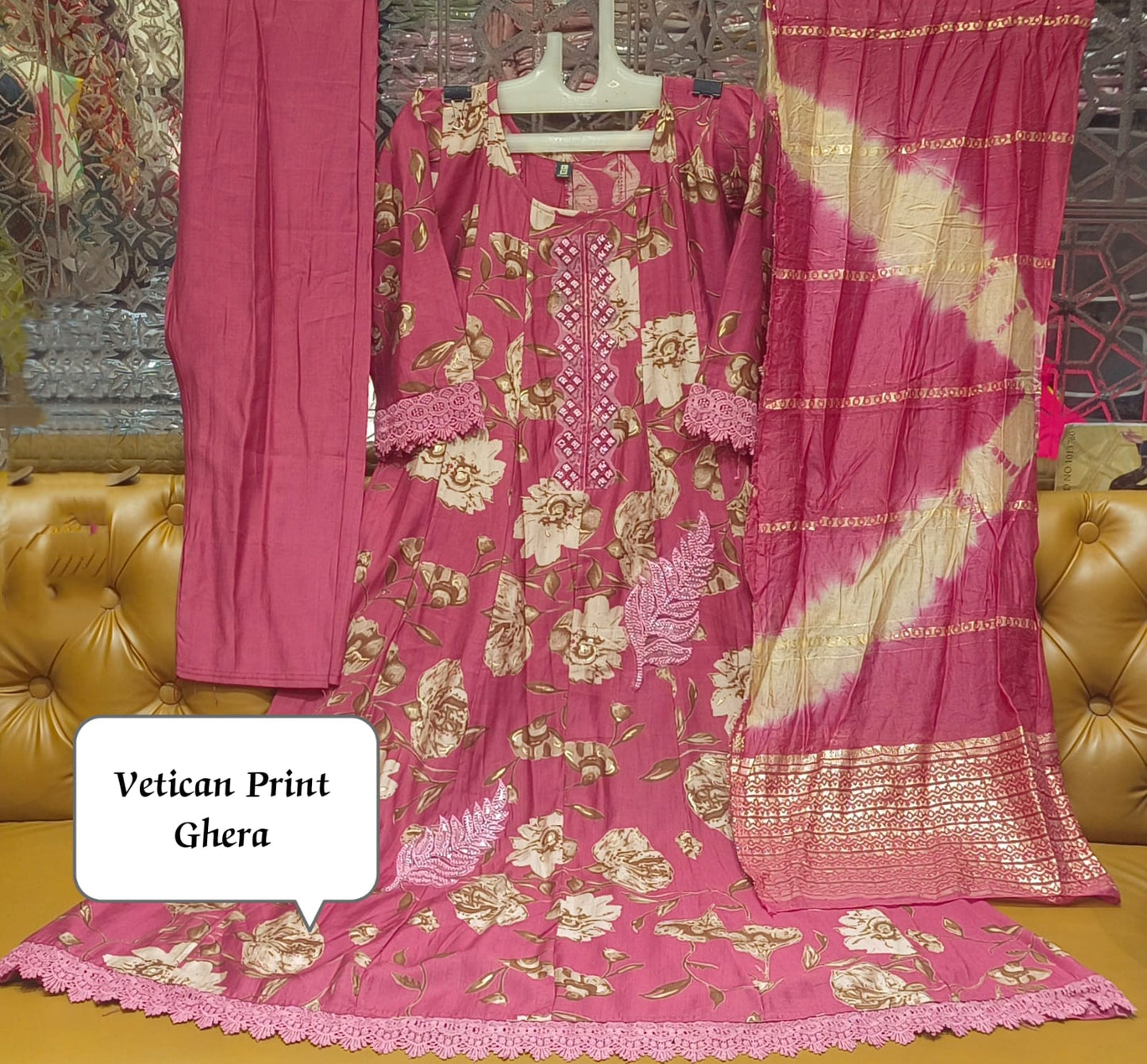 Pink Vatican Print Ghera Suit Set with Dupatta – Floral Ethnic Wear(W20)