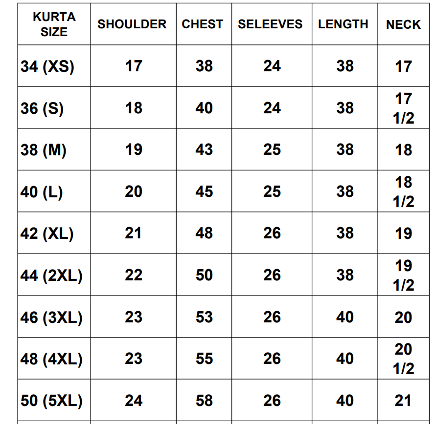 Size chart Indian Fabrics Melbourne