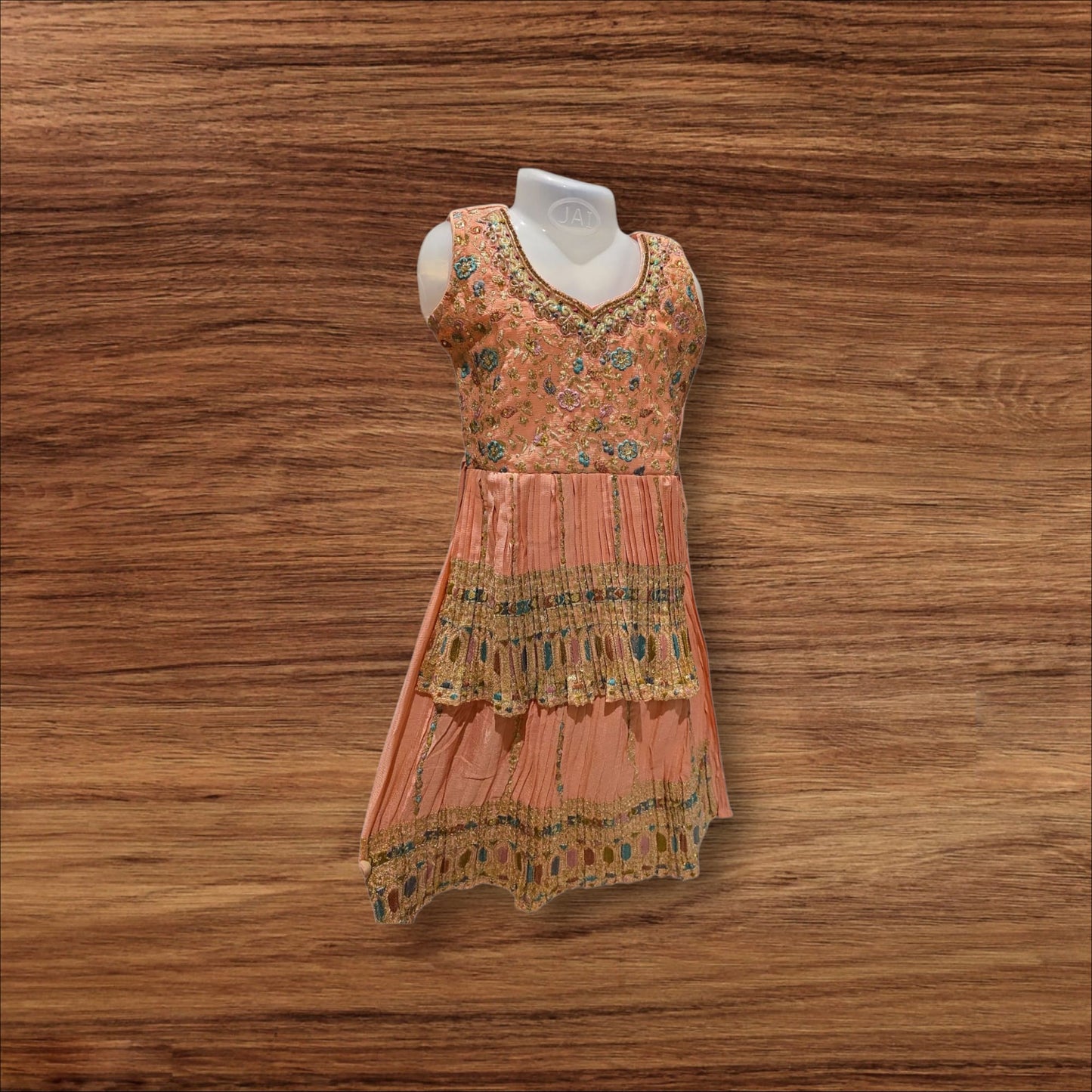 G3 - Peach & Aqua Embroidered Traditional Lehenga Dress for Girls