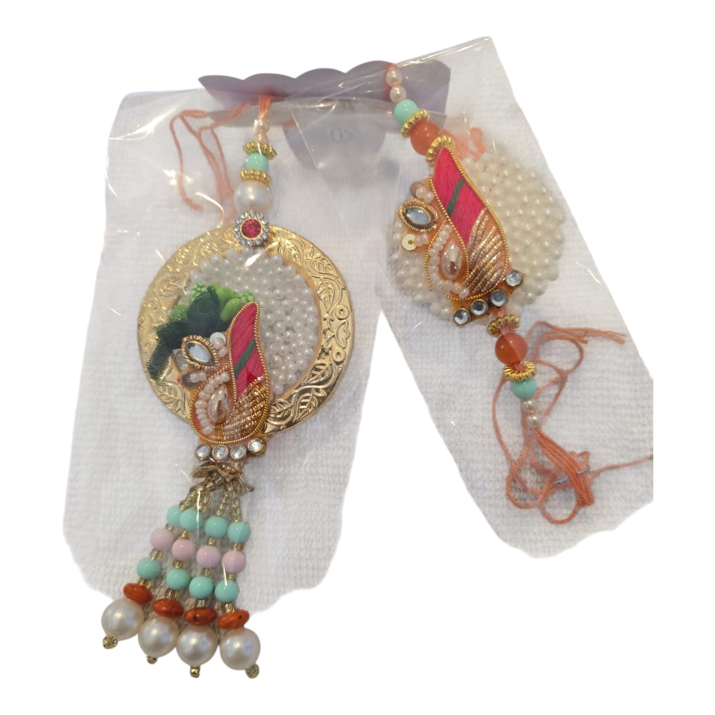 Multi-colour Pearl Bhaiya Bhabhi Rakhi Set – Floral Design