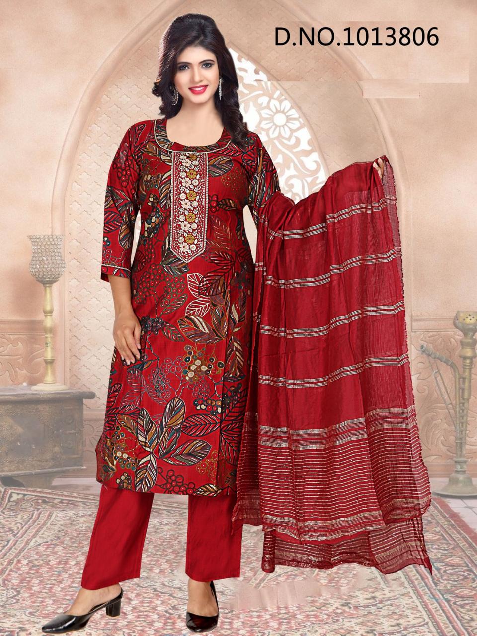 Elegant Red Floral Print Cotton Kurti Set with Dupatta – W16