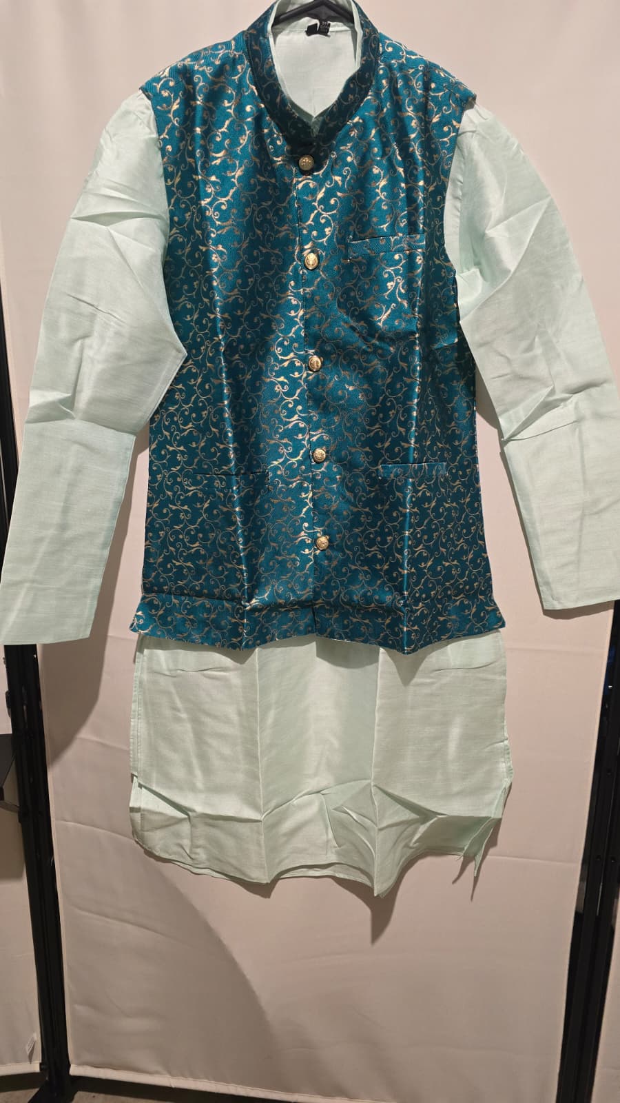 Teal Green Embroidered Nehru Jacket Kurta Set - MK72