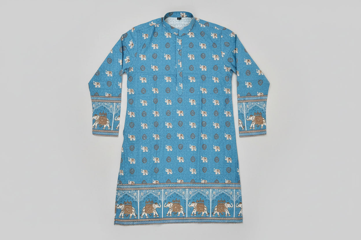 Sky Blue Elephant Print Cotton Kurta for Men-MK82