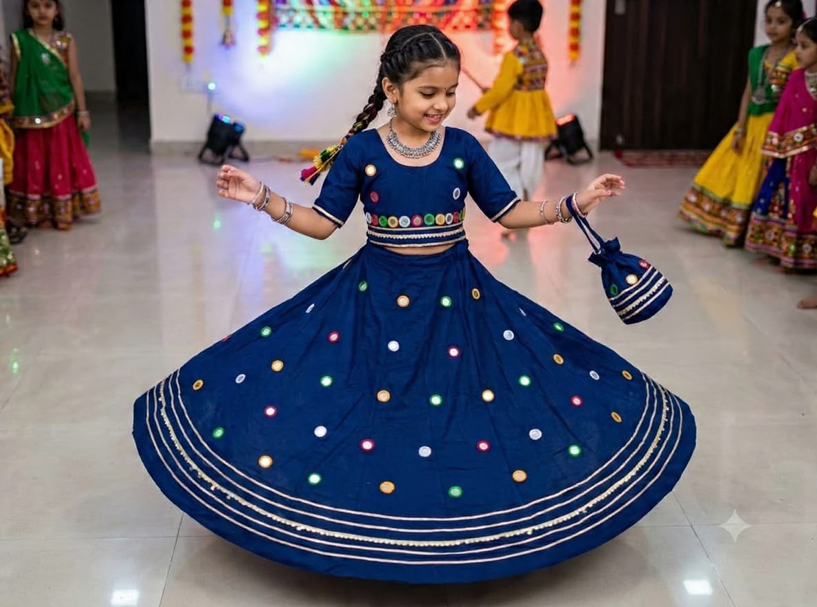Girls Royal Blue Mirror Work Lehenga Choli Set