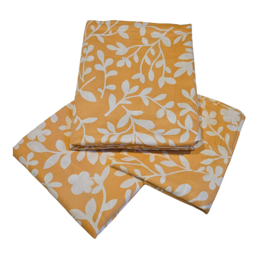 Premium Cotton King Flatsheet Set - Mustard Yellow with White Leaf Print- B34