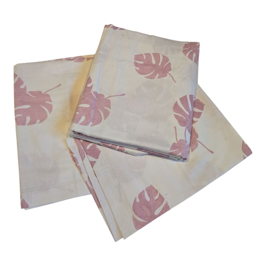 Premium Cotton King Flatsheet Set - White with Pink Leaf Print- B36