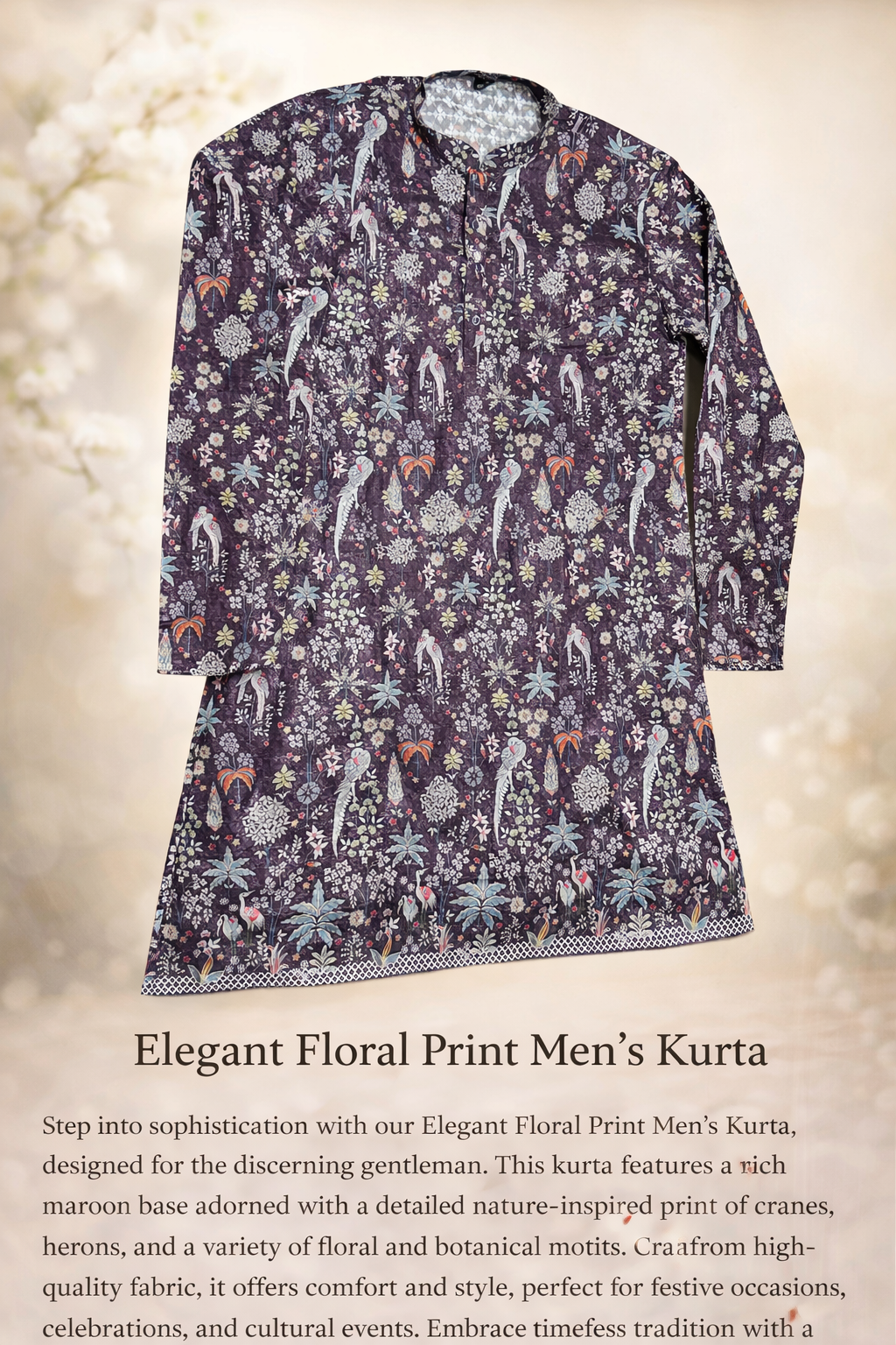 Midnight Traditional Bird Print Men’s Kurta – Wine(MK75)