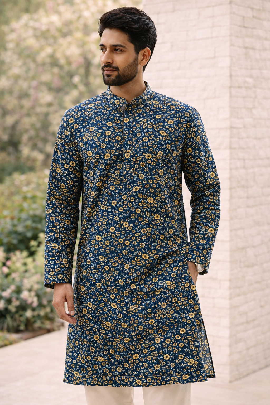 Dark Green Floral Print Men’s Kurta – Festive & Wedding Wear(MK78)