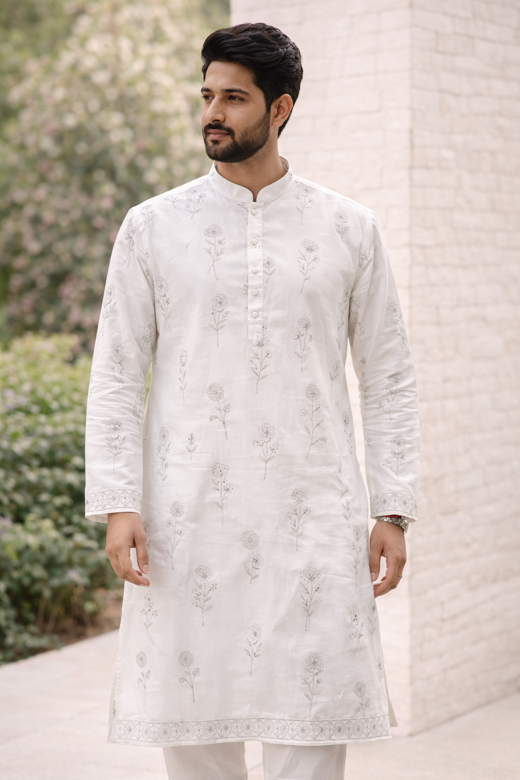 White Floral Print Men’s Kurta – Elegant Festive Wear-MK74