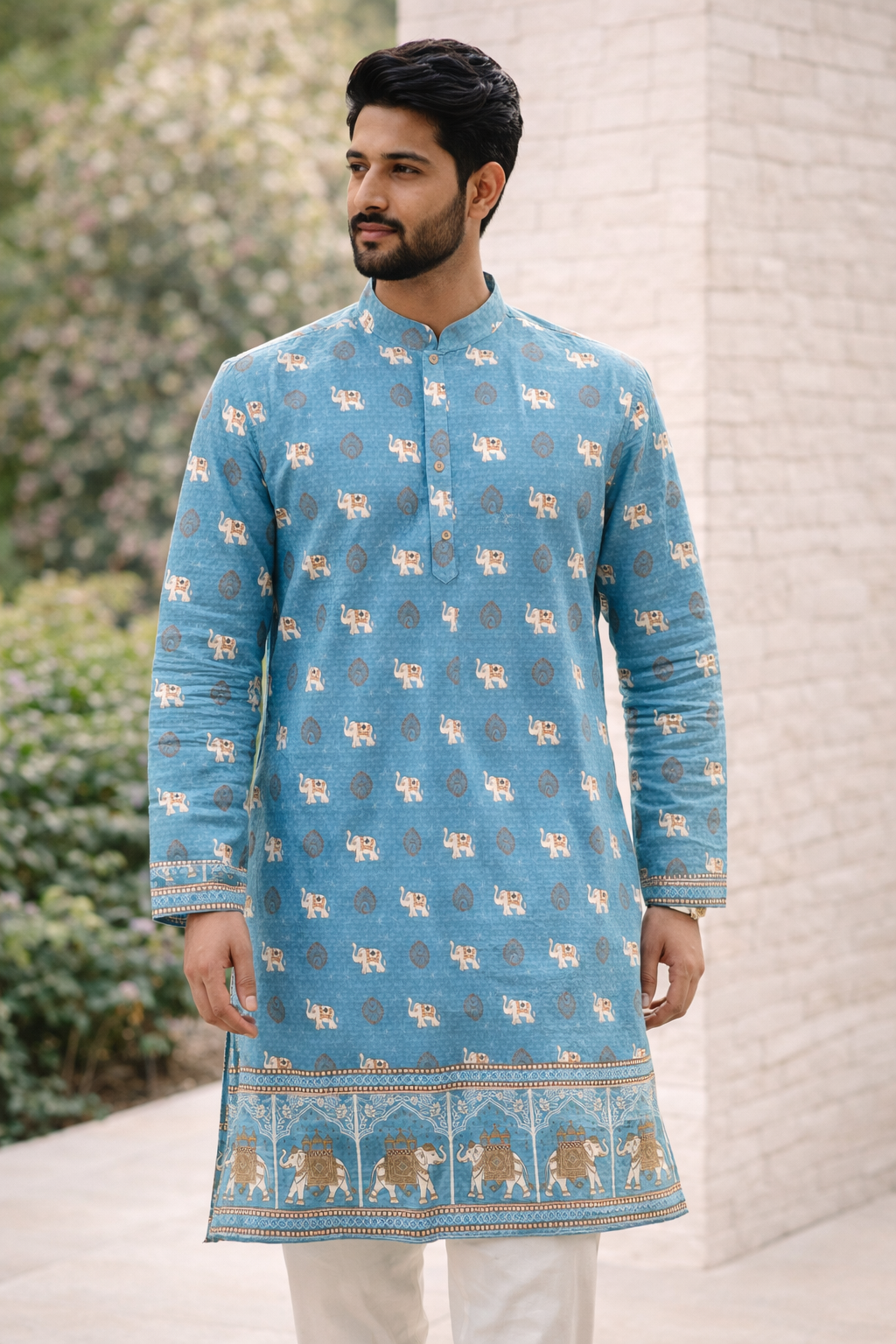 Sky Blue Elephant Print Cotton Kurta for Men-MK82