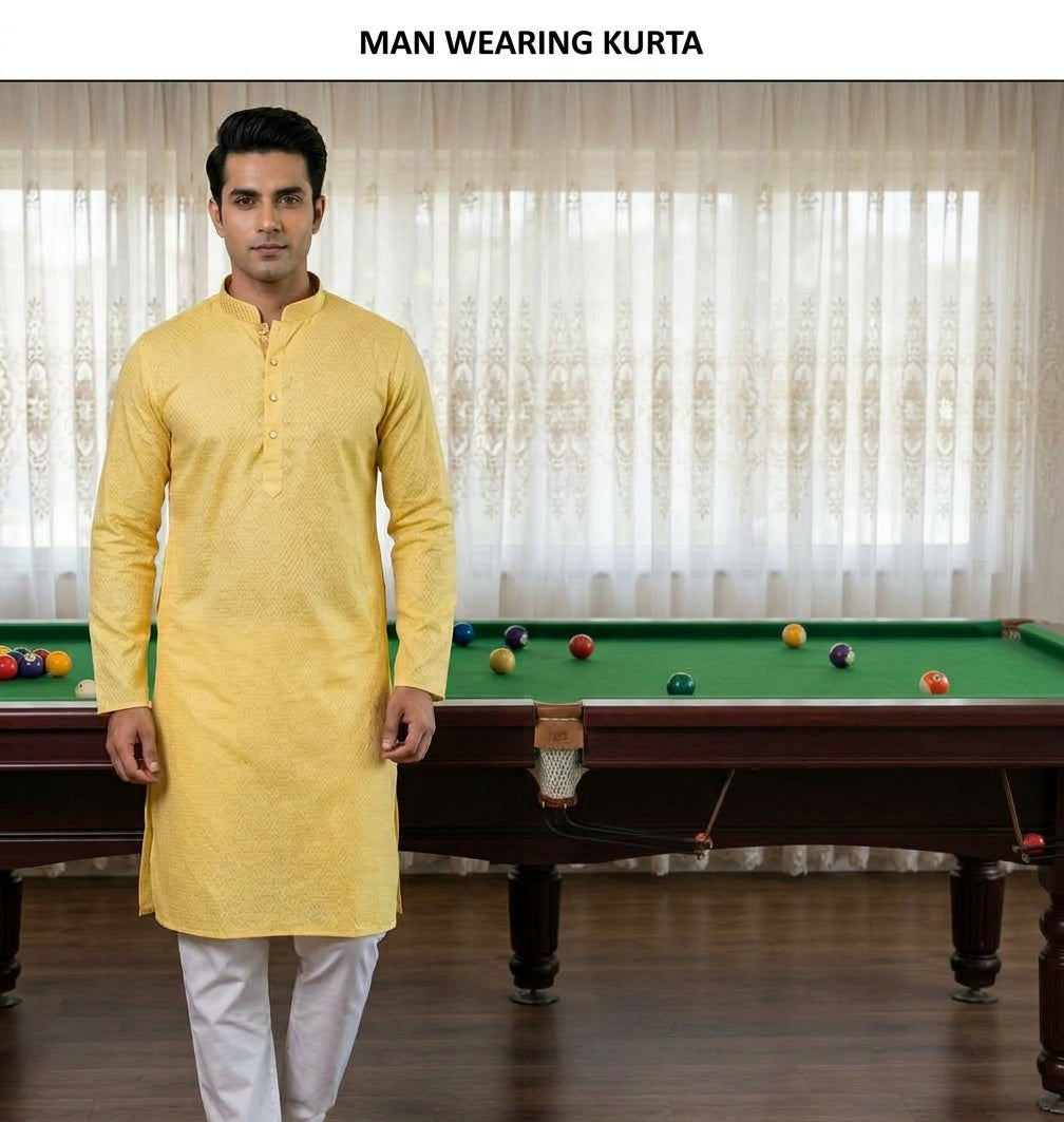 Men’s Yellow Printed Cotton Kurta – Traditional Festive Wear