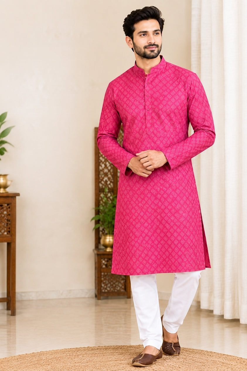 Pink Printed Men’s Kurta – Indian Ethnic Wear