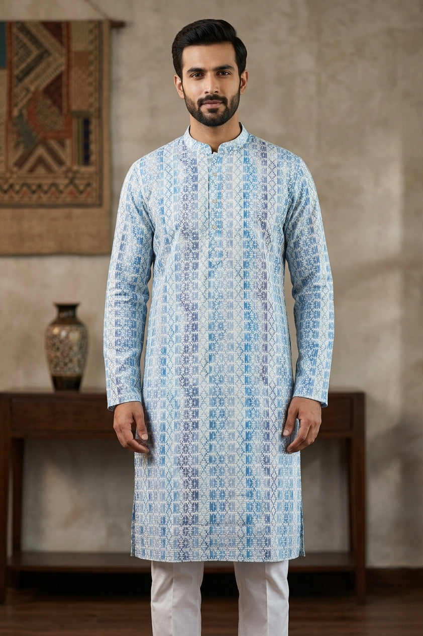 Men’s Light Blue & White Printed Cotton Kurta – Casual & Festive Wear