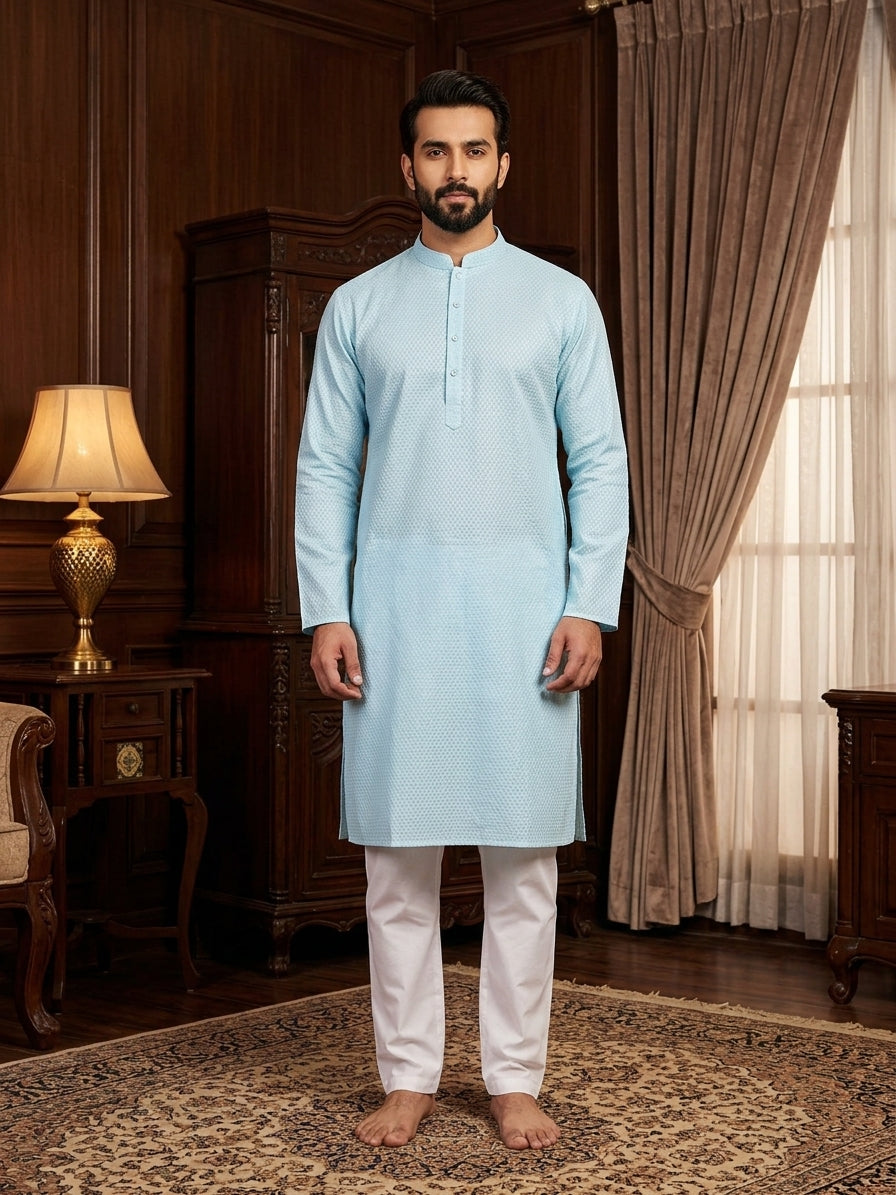 Men’s Sky Blue Self-Textured Woven Silk-Blend Kurta – Festive & Wedding Wear