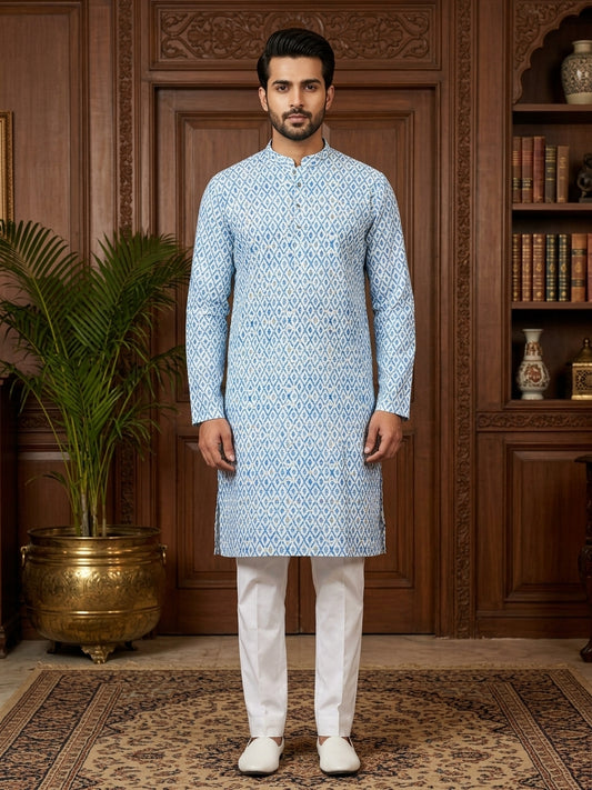 Men’s Royal Blue & White Diamond Printed Cotton Kurta – Casual & Festive Wear