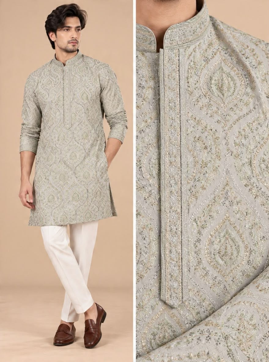 Men's light sage green embroidered kurta for Indian weddings in Australia