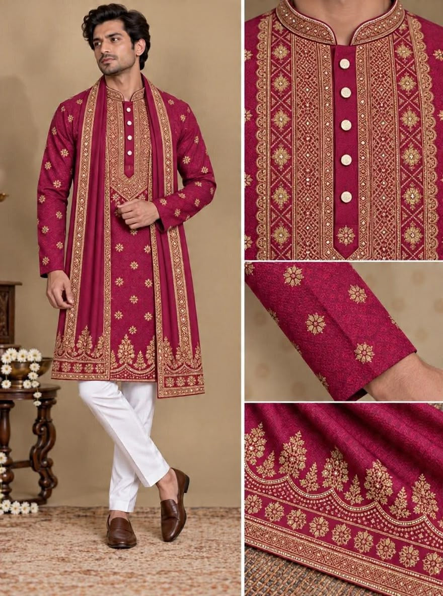 Men's maroon embroidered kurta with matching dupatta – Indian Fabrics Australia