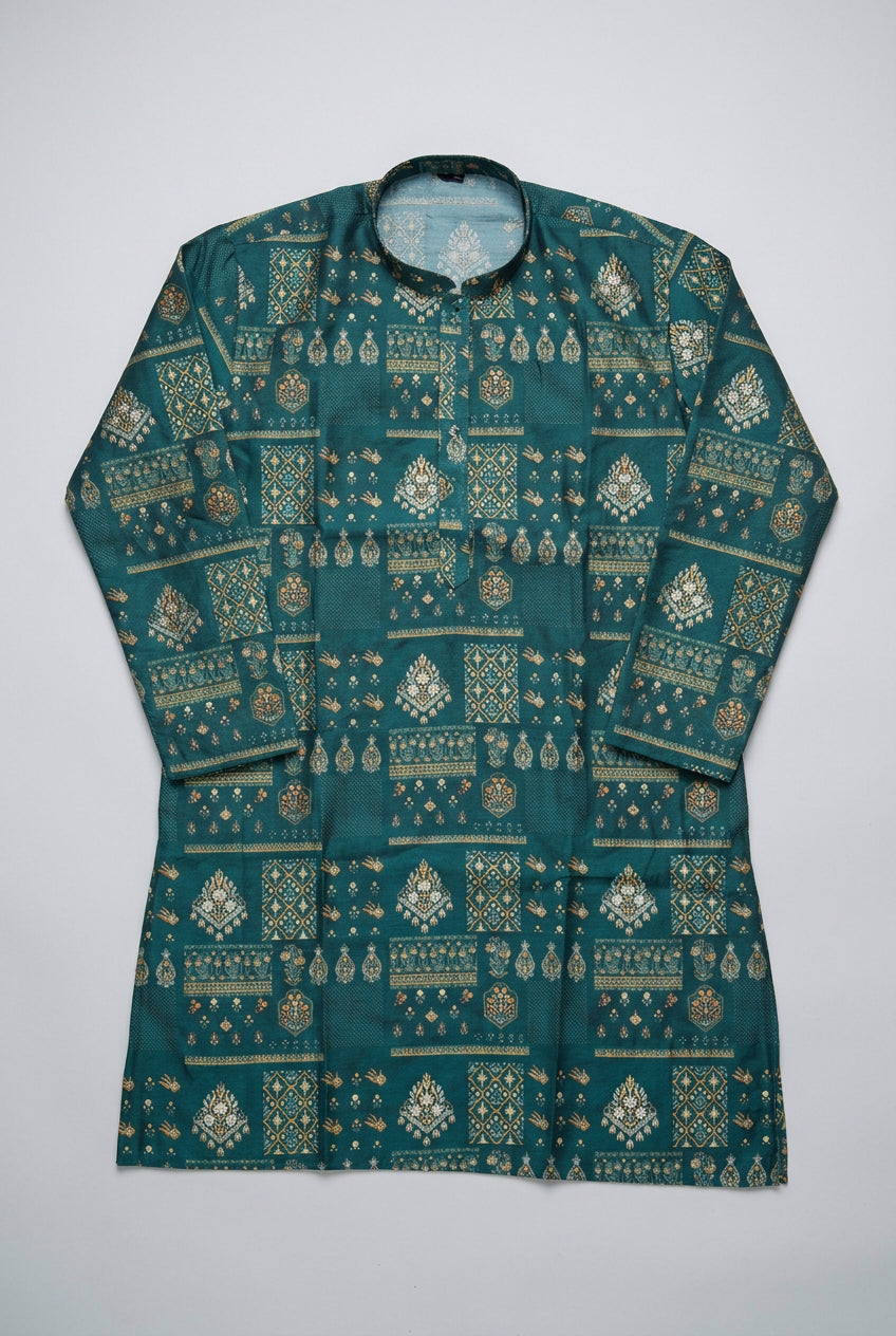 Gold floral and geometric motifs on teal green kurta sleeve