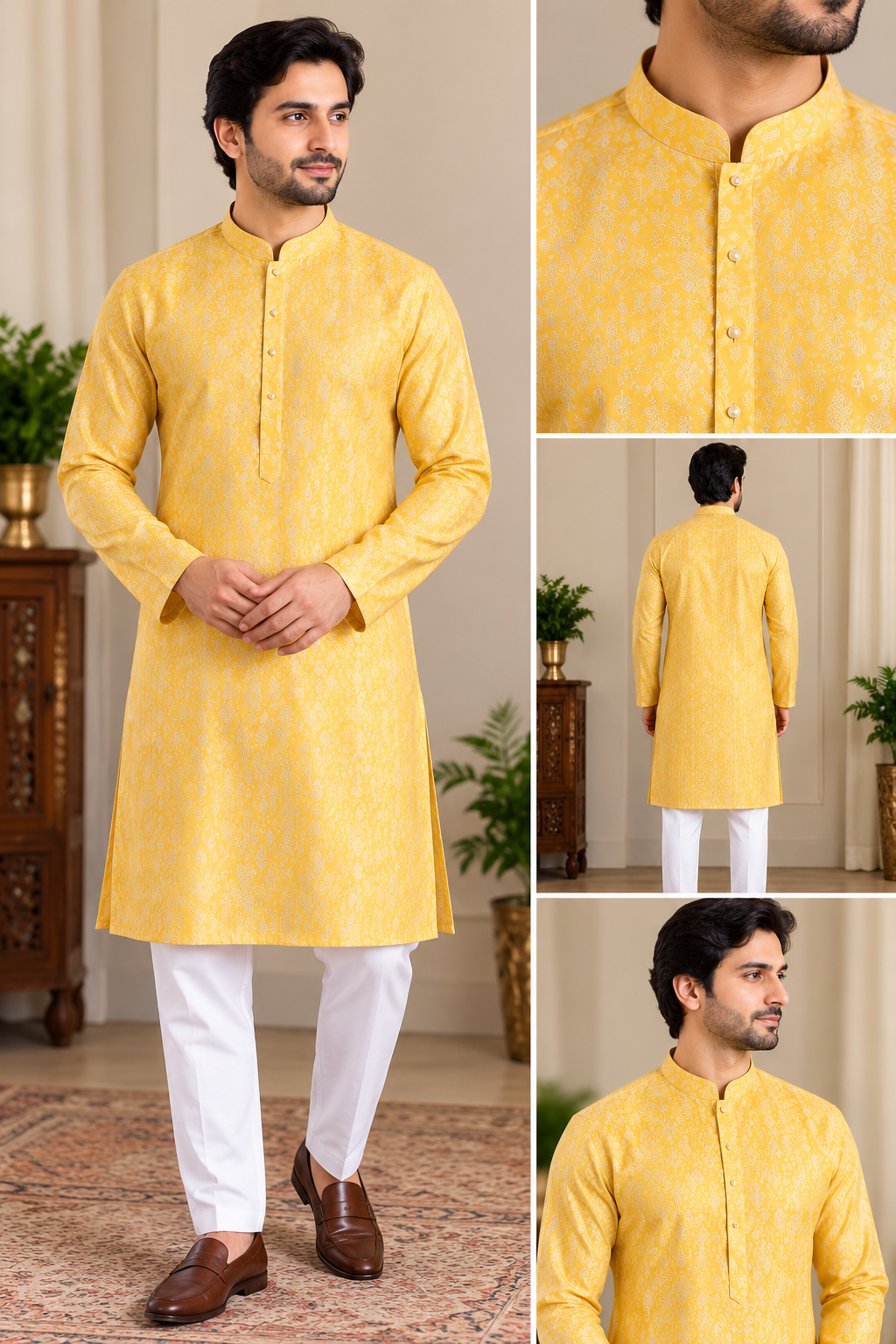 Men's golden yellow Indian kurta with subtle floral pattern, mandarin collar and full sleeves