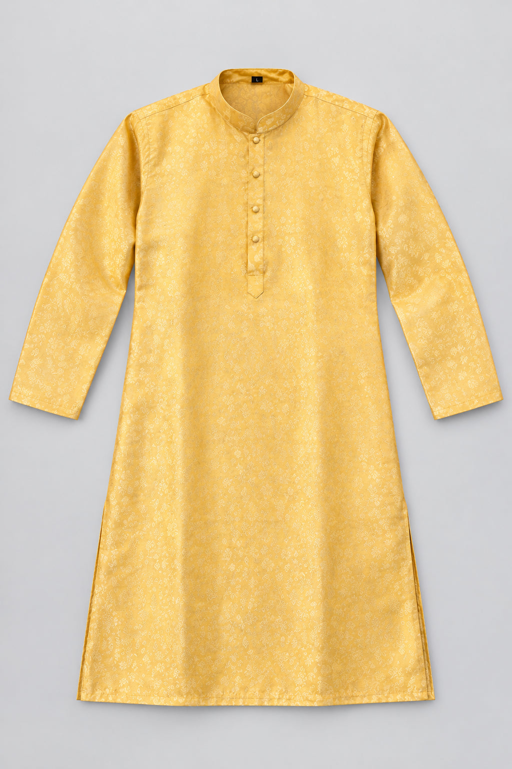 Golden yellow men's traditional Indian kurta with lustrous finish and tonal floral design