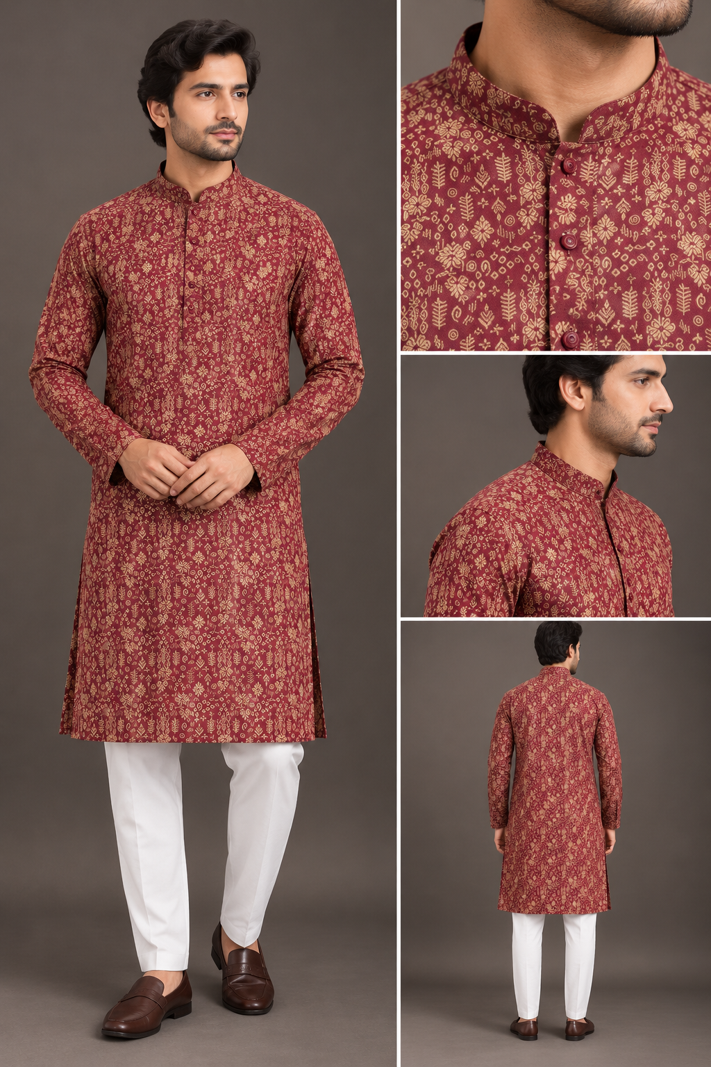 Men's maroon printed Indian kurta with golden floral motifs, mandarin collar and full sleeves