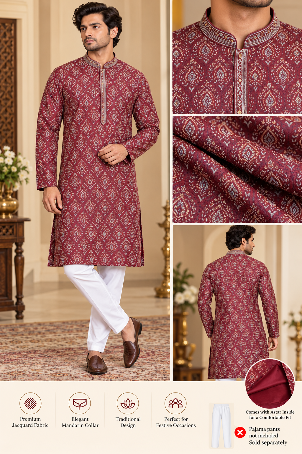 Men's Maroon Jacquard Kurta with Astar | Indian Festive Wear