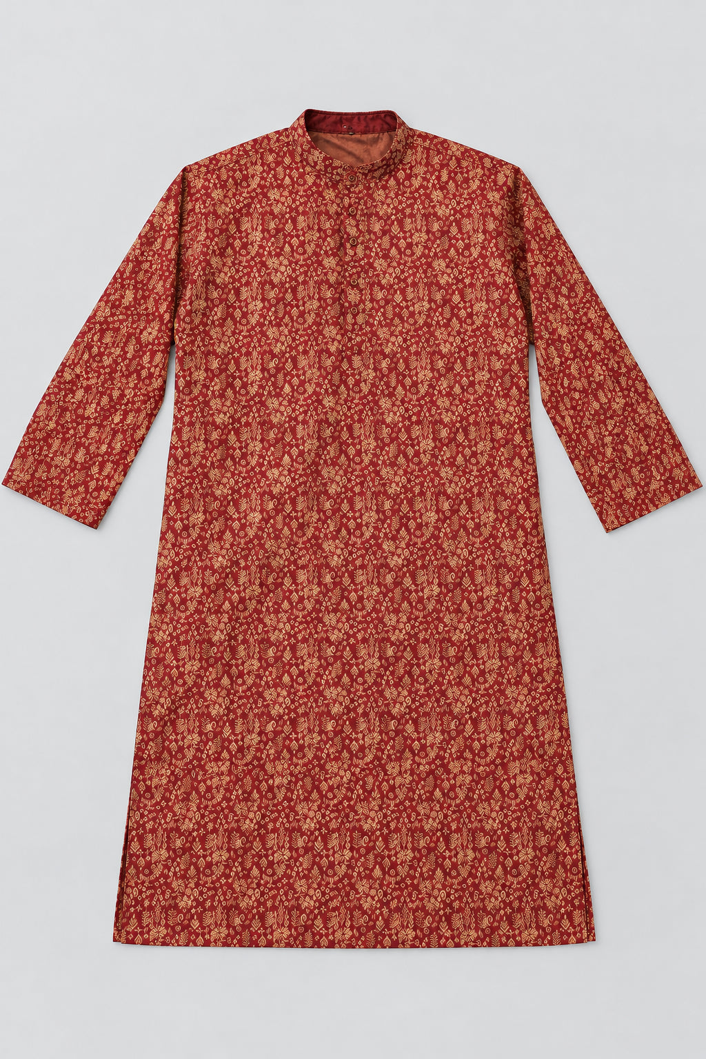Maroon men's Indian kurta with all-over golden-beige floral and traditional ethnic print