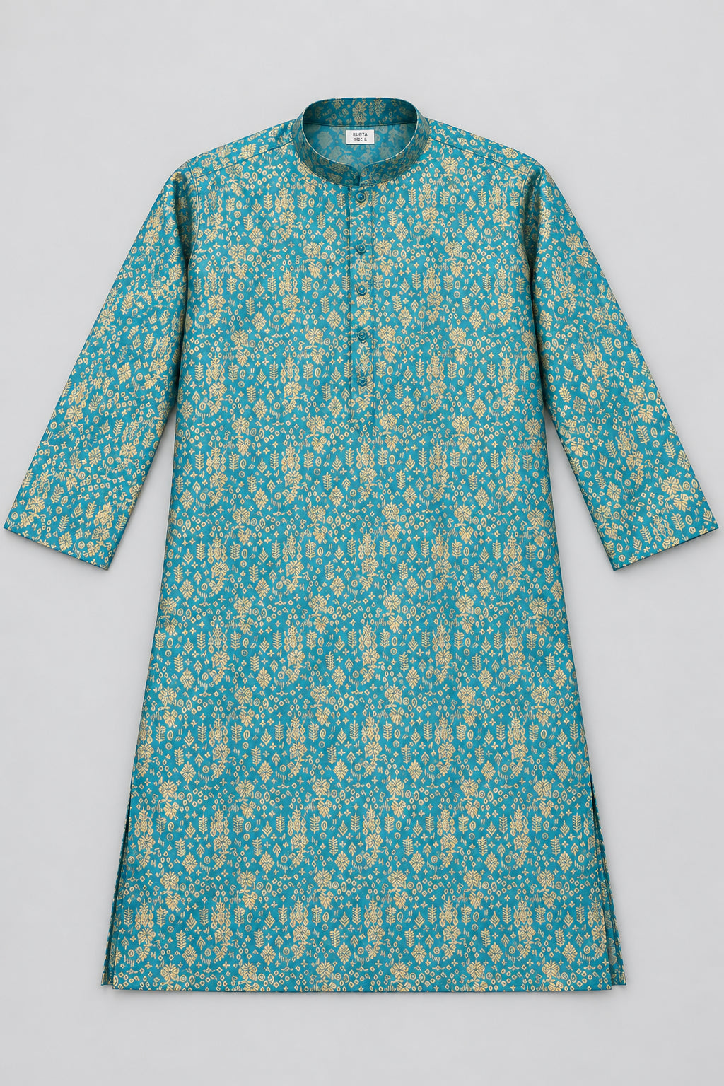 Men's Rama Green Indian kurta melbourne with golden beige floral print, mandarin collar and full sleeves