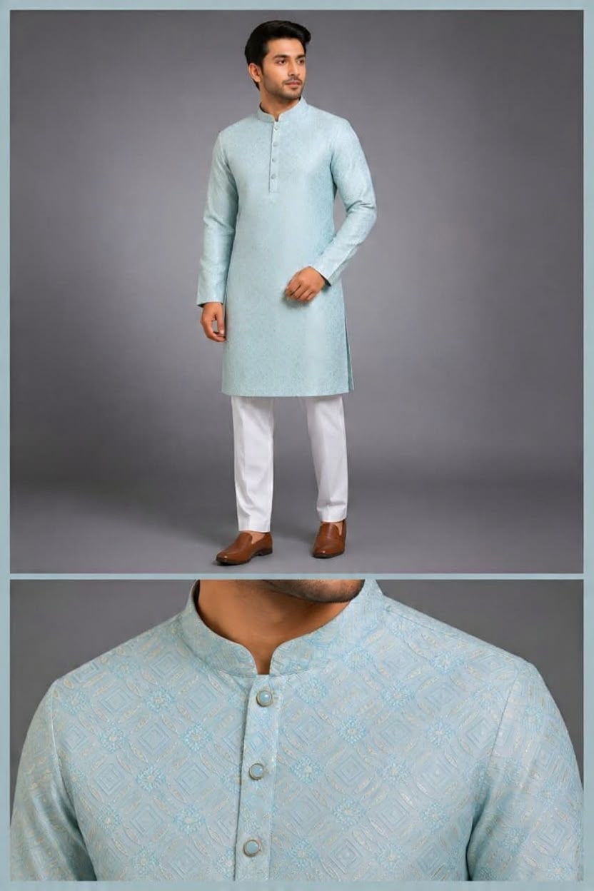 Men's light blue jacquard Indian kurta with subtle geometric pattern