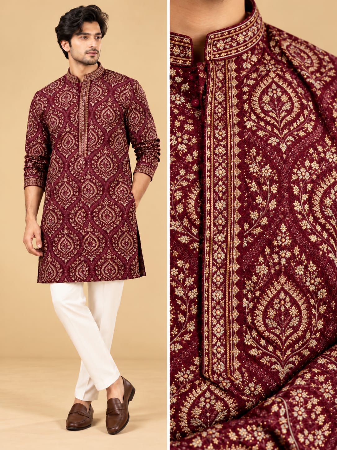 Men's maroon jacquard kurta with astar lining – Indian Fabrics Australia