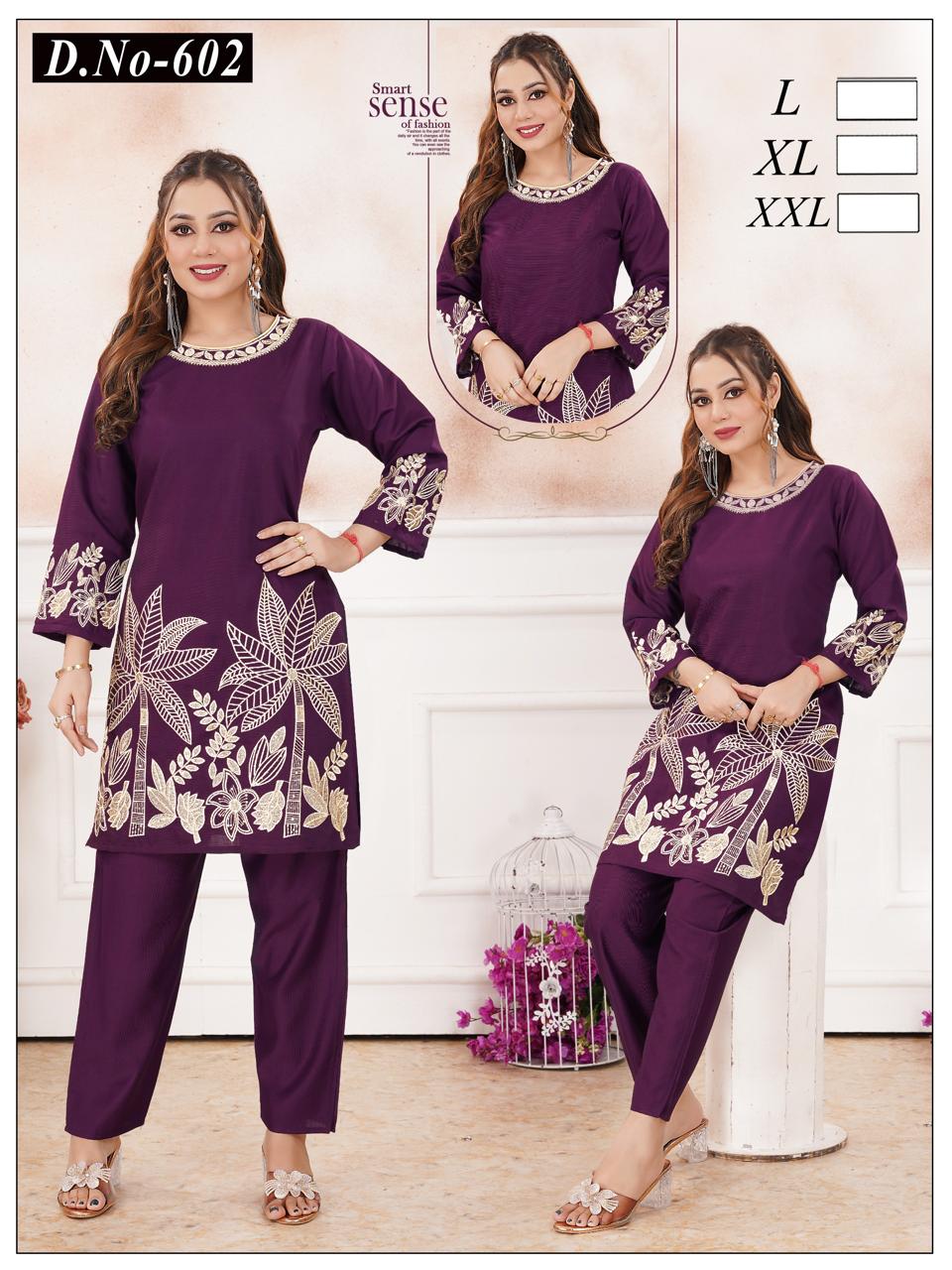Royal Purple Embroidered Kurta Co-ord Set with Pants -W25