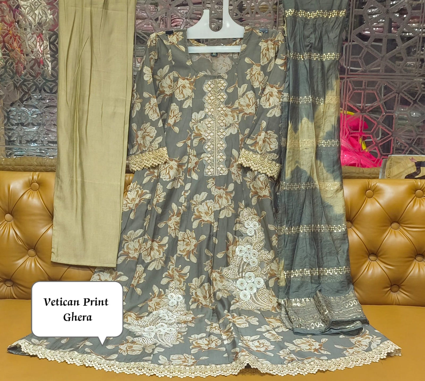 Vatican Print Ghera Suit with Embroidered Detailing -W17