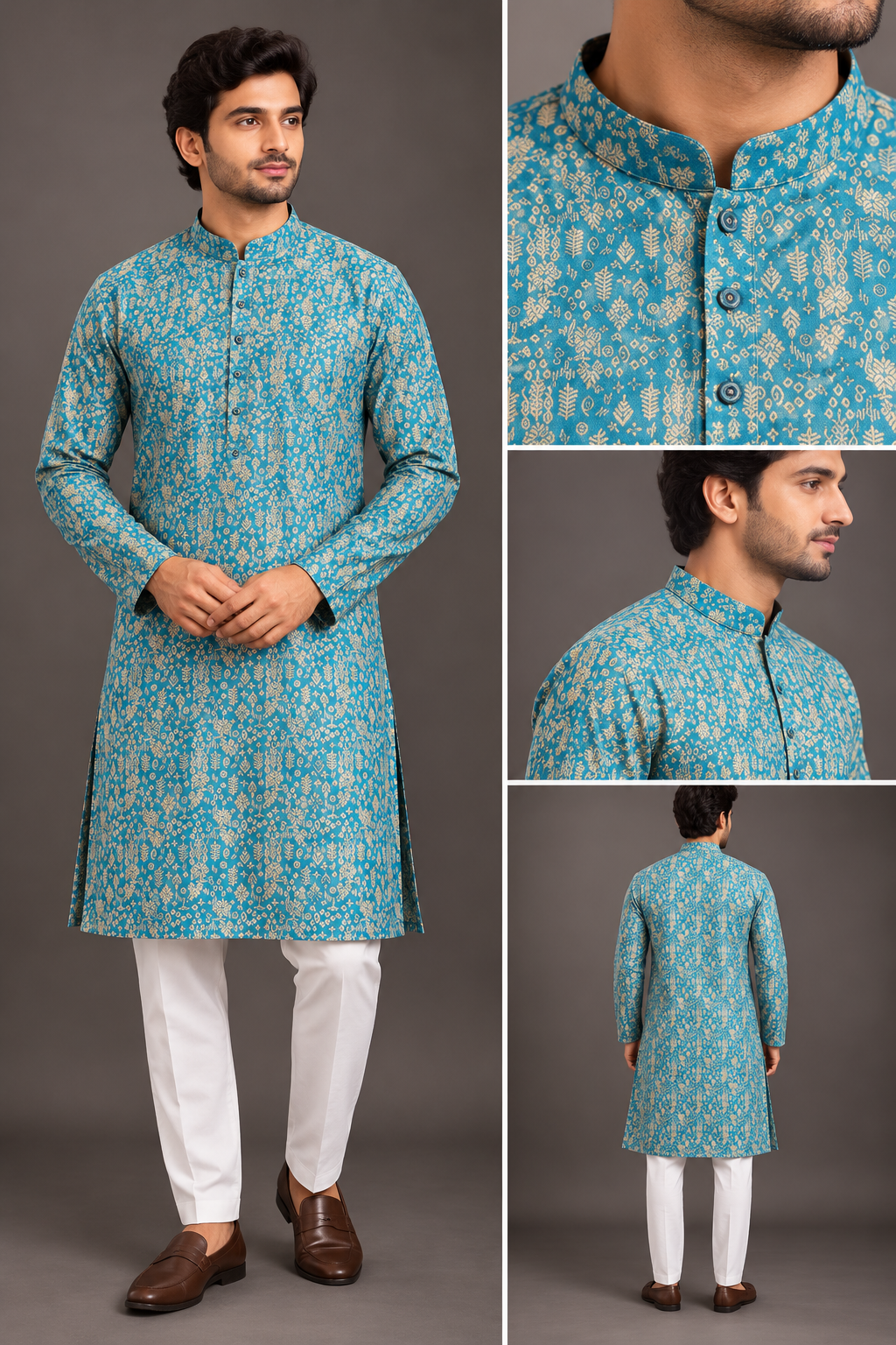 Men's rama green printed Indian kurta with beige floral ethnic pattern, mandarin collar and full sleeves