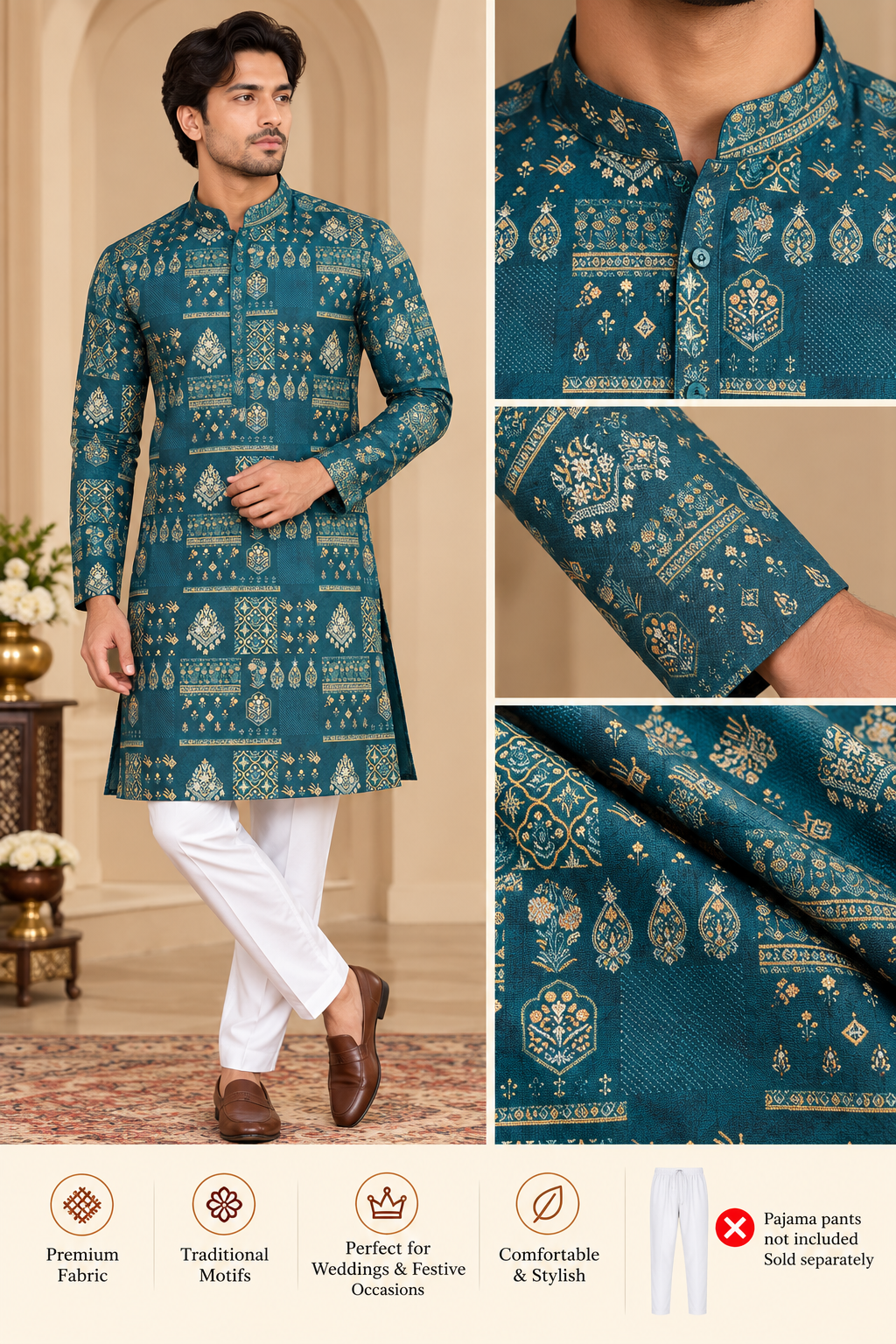 Men's teal green jacquard kurta with gold motifs – Indian Fabrics Australia