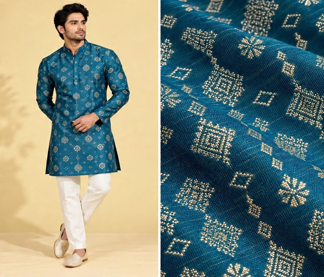 Men's teal blue jacquard kurta with gold motifs for Indian weddings