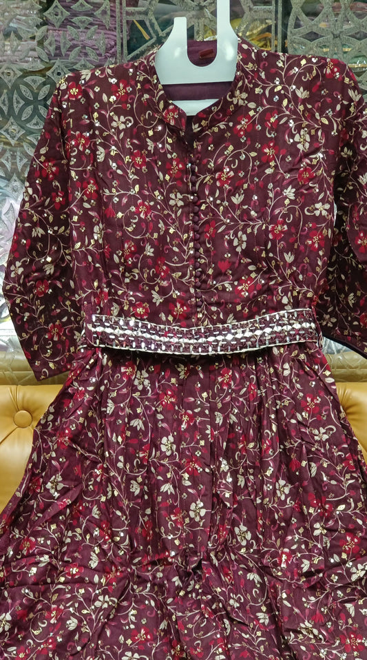 Women Wine printed Indo- Western Gown/One Piece -  W2