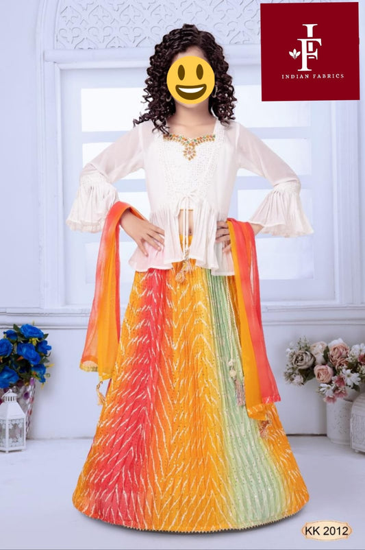 G2 - Girls' Festive Lehenga Choli Set – White Top with Multicolor Bandhani Skirt & Dupatta
