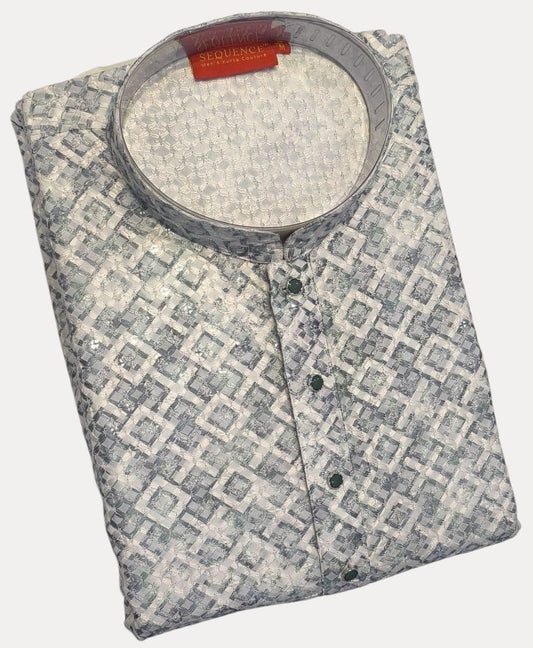 Geometric Jacquard pattern Kurta in Grey & White (MK41)