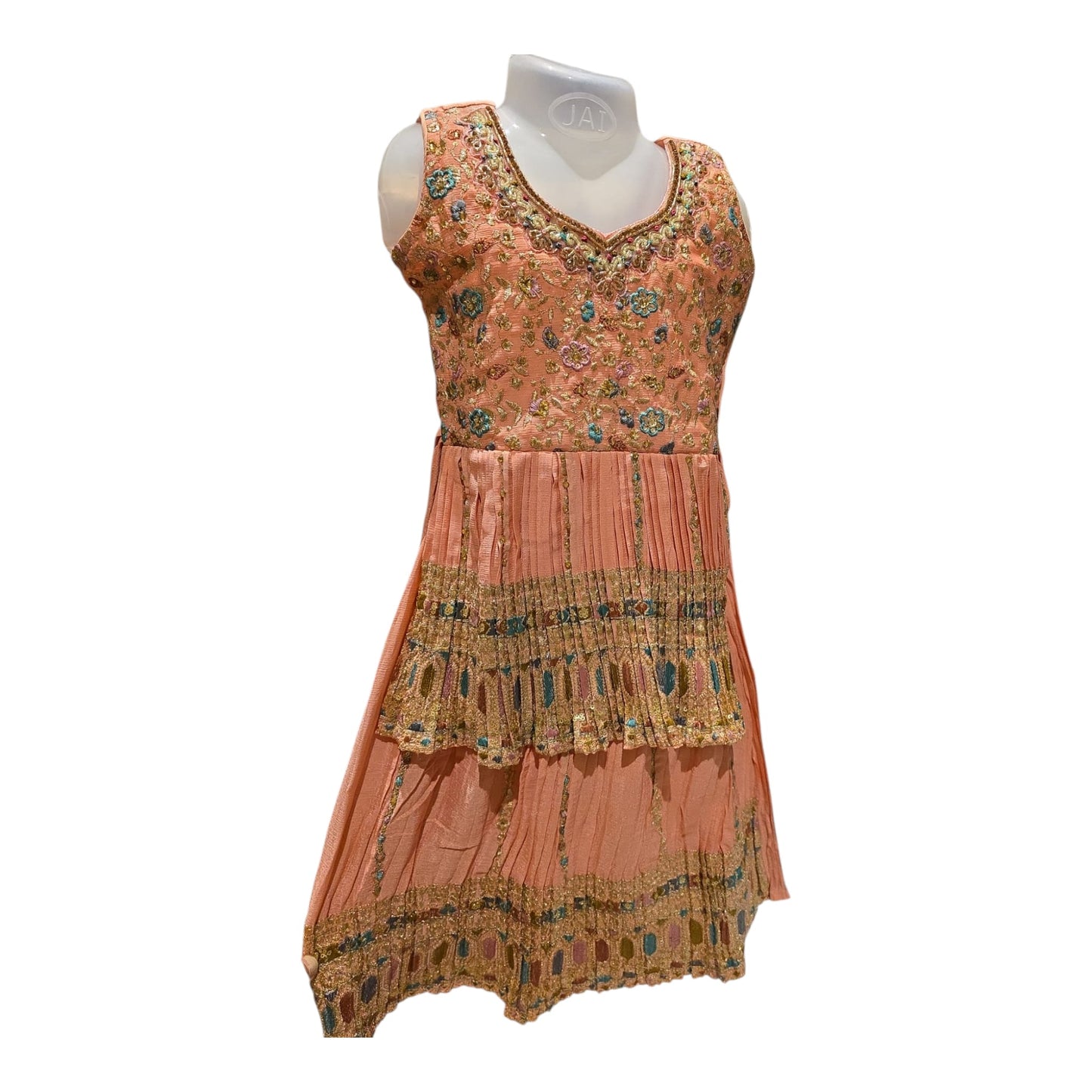 G3 - Peach & Aqua Embroidered Traditional Lehenga Dress for Girls