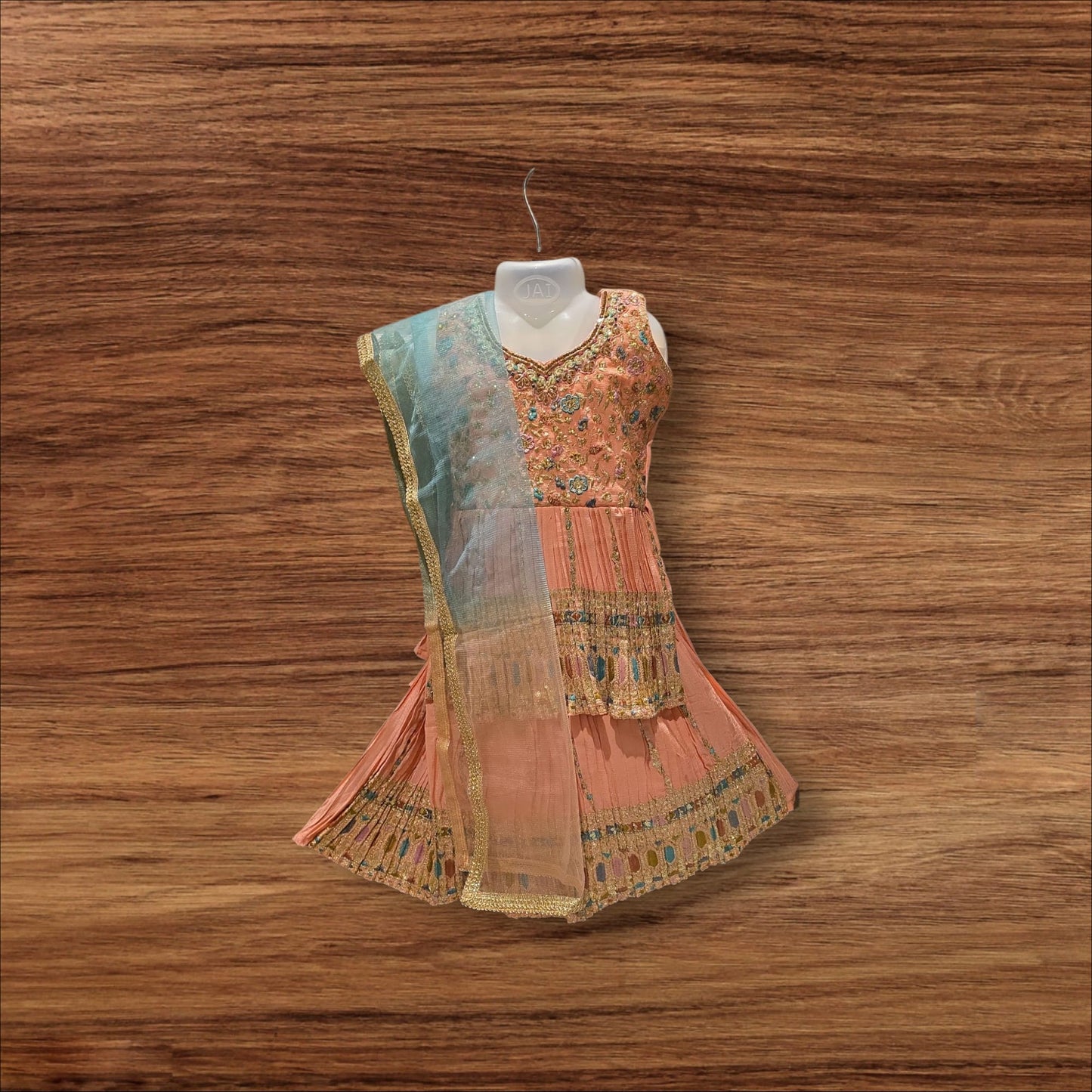 G3 - Peach & Aqua Embroidered Traditional Lehenga Dress for Girls