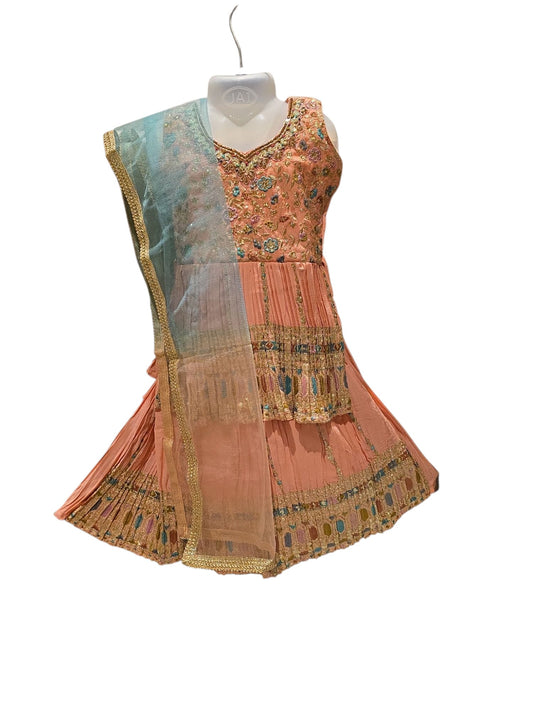 G3 - Peach & Aqua Embroidered Traditional Lehenga Dress for Girls