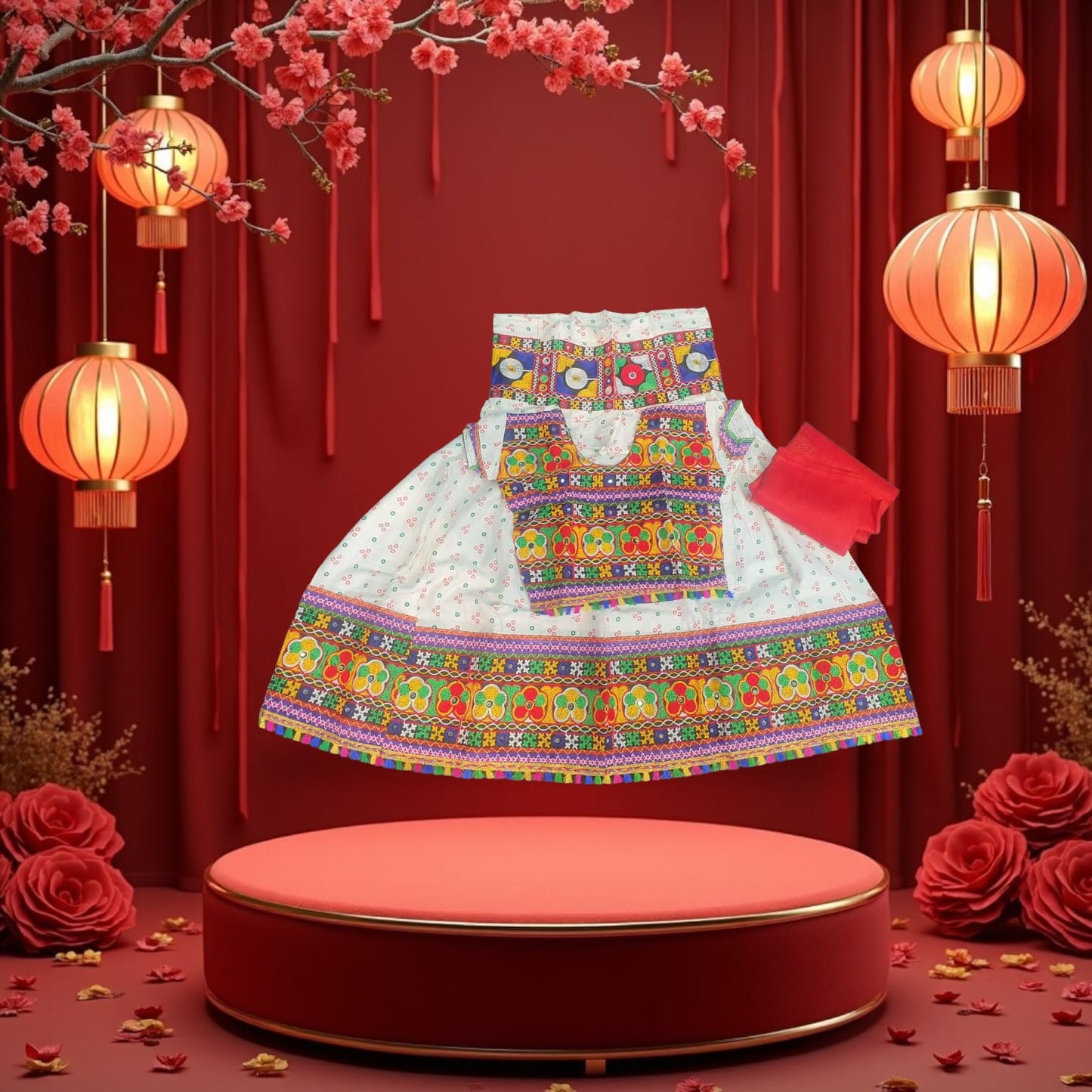 Kids White Kutchi Embroidered Lehenga Choli Set – Navratri Special - G9
