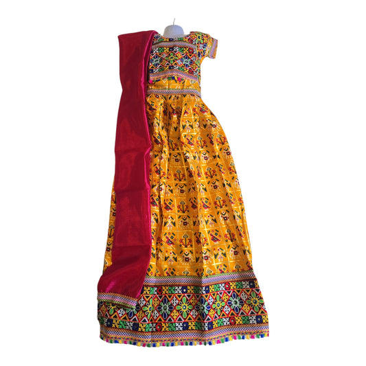 Kids Yellow Kutchi Embroidered Lehenga Choli Set- Navratri Special - G10