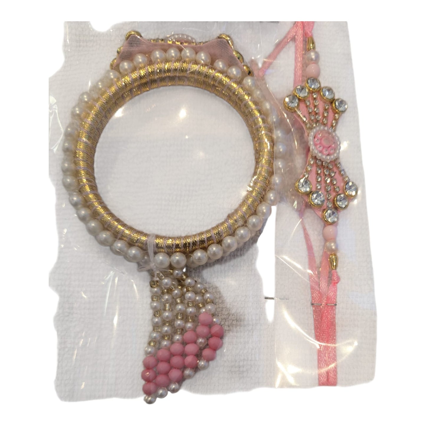 Pink Bhaiya Bhabhi Rakhi Set – Elegant Stone, Pearl Work & Tassels