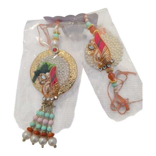 Multi-colour Pearl Bhaiya Bhabhi Rakhi Set – Floral Design