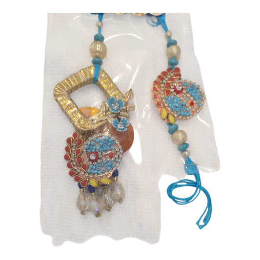 Multicolour Bhaiya Bhabhi Rakhi Set – Blue Beads & Mirror Work