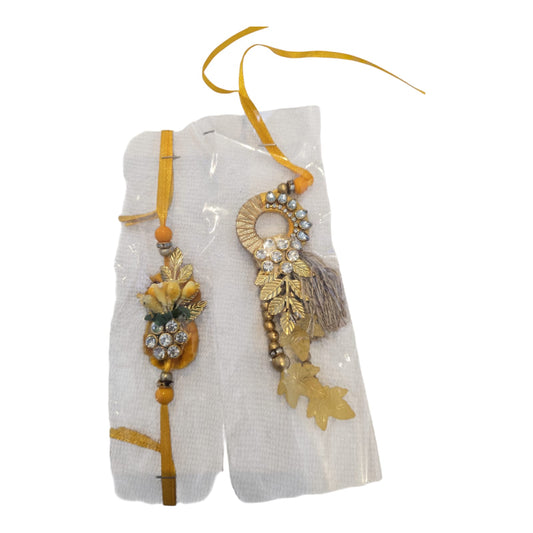 Handcrafted Yellow Bhaiya Bhabhi Rakhi Set – Blue Beads & Mirror Work