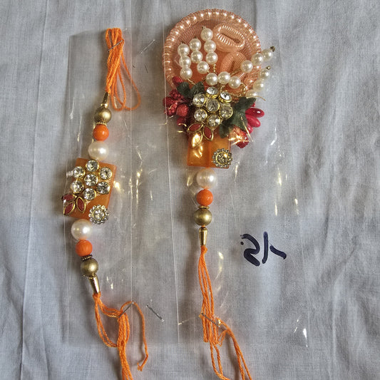 Orange Bhaiya Bhabhi Rakhi Set – Pearls & Mirror Work