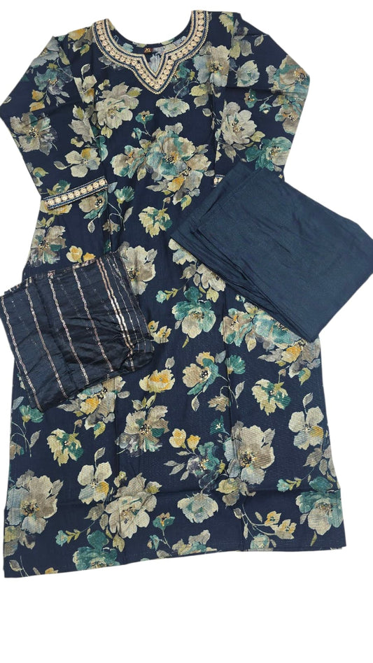 Navy Blue Floral Printed Silk Suit Set with Embroidered Neckline and Dupatta -W14